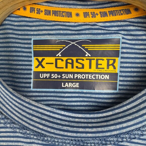 X-Caster T-Shirt Men L Blue UPF 50+ Sun Protection Fisherman Striped Long Sleeve - Picture 9 of 11